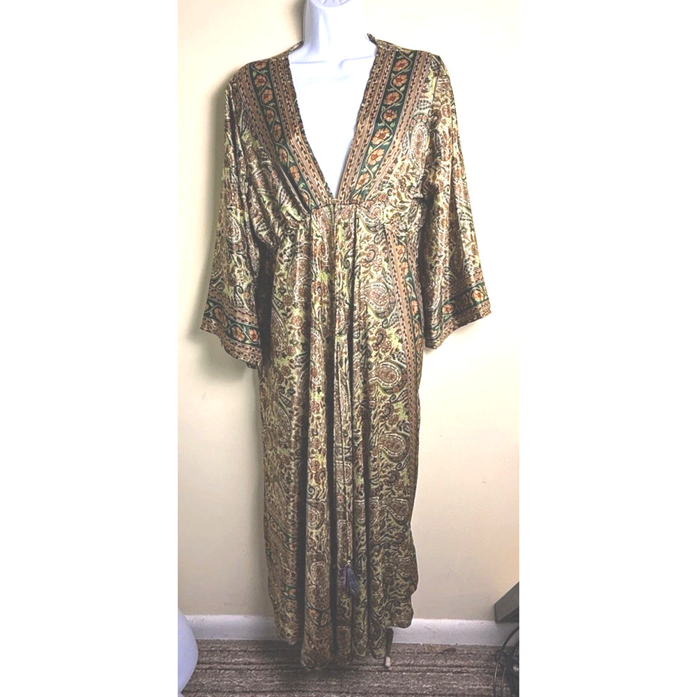 Vintage Manvi Kaftan Muumuu free size silk green gold orange BOHO Mrs Roper